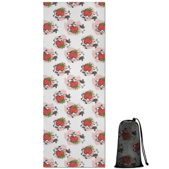 White Cow Big Strawberry Pattern Hot Yoga Mat Towel Non Slip for Hot Yoga - Quick-Drying Yoga Mat Cover with 4 Corner Pockets with Travel Bag - Hot Yoga Towel Non Slip 74"x26"
