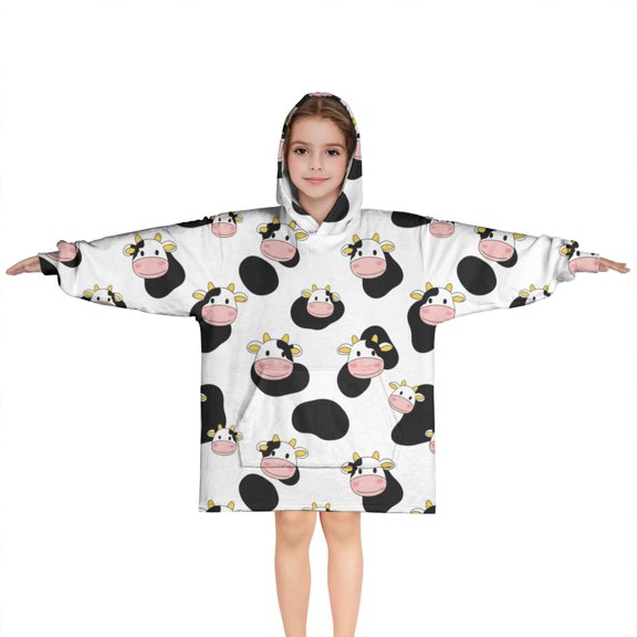 White Cow Black Spot Pattern Blanket Hoodies for Kids 6-13YR Oversize Wearable Blanket Hoodies for Boys Girls Teens