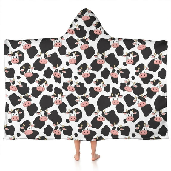White Cow Black Spot Pattern Hooded Bath Towel,50"x30" for Ages 3 To 12 Kids, Quick Dry Lightweight Soft Microfiber Hood Beach Towel Cover Up for Kids