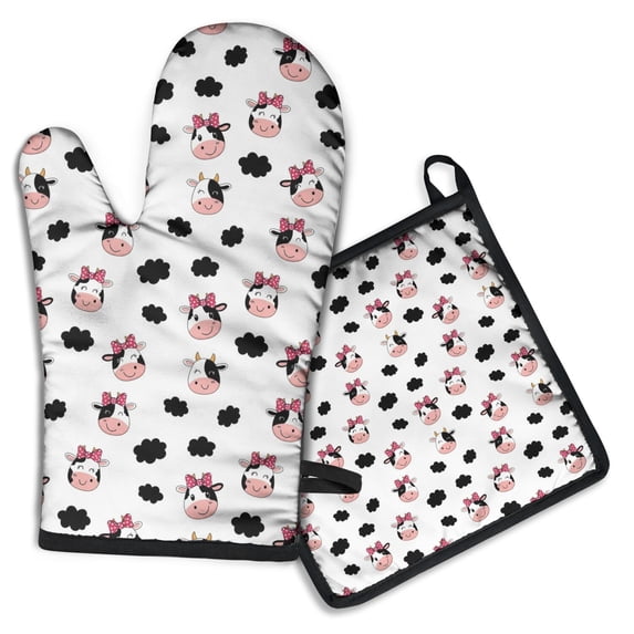 White Cow Bow Cloud Pattern Kitchen Oven Mitt and Pot Holder Sets 2 Pcs for Baking, Cooking and Grilling, Heat Resistant Up To 392 °F