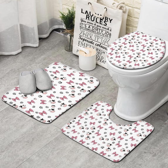 White Cow Bow Pattern Bathroom Rugs Sets 3 Piece,Toilet Cover Set,Absorbent Non Slip Bathroom Mats Sets with U-Shaped Contour Rug Toilet Rug Set