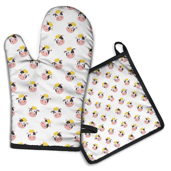 White Cow Crown Pattern Kitchen Oven Mitt and Pot Holder Sets 2 Pcs for Baking, Cooking and Grilling, Heat Resistant Up To 392 °F