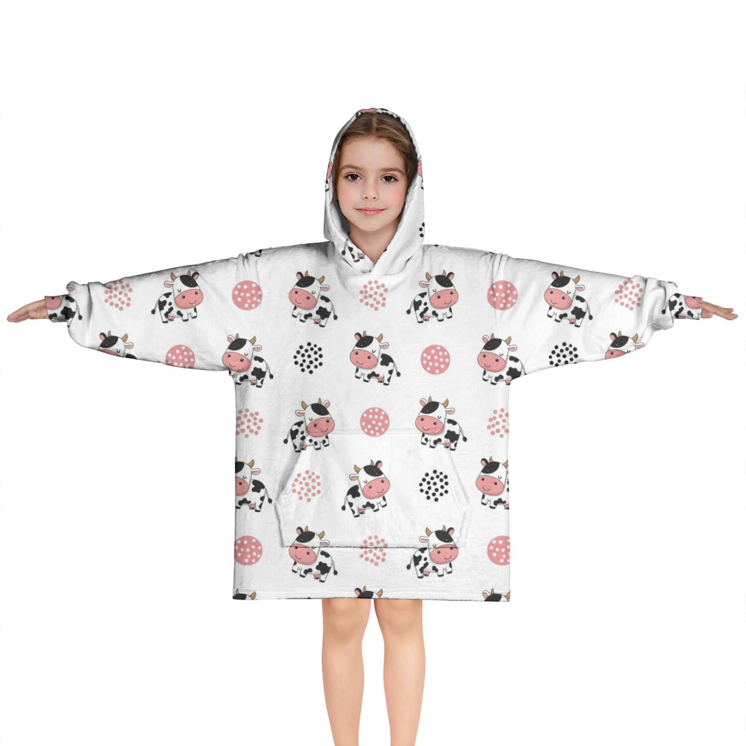 White Cow Dot Pattern Blanket Hoodies for Kids 6-13YR Oversize Wearable Blanket Hoodies for Boys Girls Teens