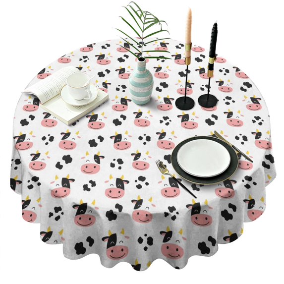 White Cow Dot Pattern Round Tablecloth 60"x60",Wrinkle Wipeable Table Cloth for Kitchen Dining Room Picnic Patio Party
