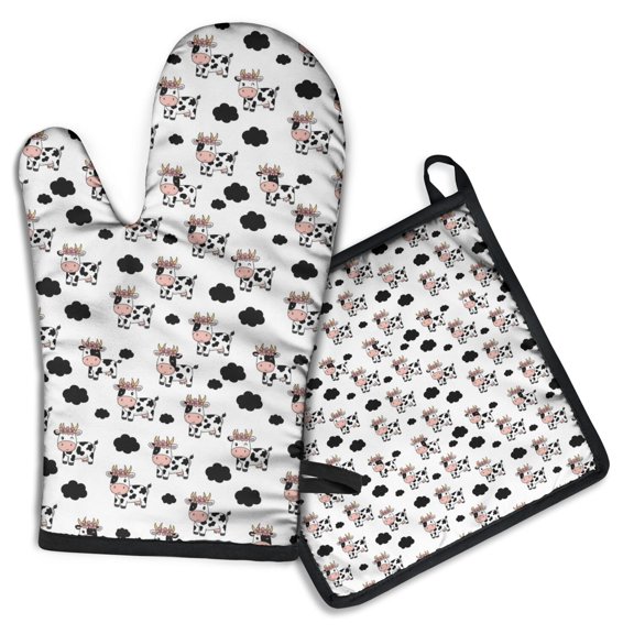 White Cow Floral Crown Pattern Kitchen Oven Mitt and Pot Holder Sets 2 Pcs for Baking, Cooking and Grilling, Heat Resistant Up To 392 °F