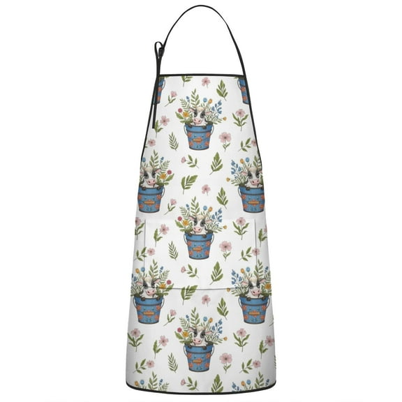 White Cow Flower Bucket Pattern Apron-Garden Aprons for Women with Pockets-Cotton Linen Waterproof Kitchen Cooking Gardening Aprons Adjustable for Kitchen,Cooking,BBQ and Salon 33x27 Inch