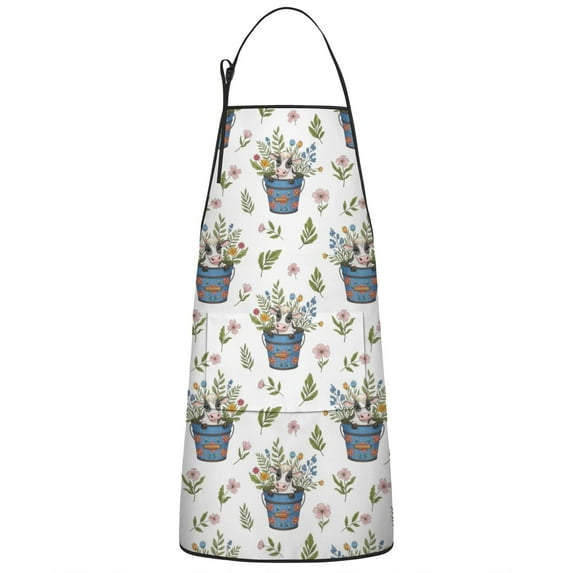 White Cow Flower Bucket Pattern Apron-Garden Aprons for Women with Pockets-Cotton Linen Waterproof Kitchen Cooking Gardening Aprons Adjustable for Kitchen,Cooking,BBQ and Salon 33x27 Inch