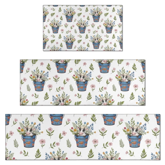 White Cow Flower Bucket Pattern Kitchen Rugs Sets Of 3,Kitchen Runner Rugs Non Skid Washable,Decorative Kitchen Floor Mats for Kitchen,Sink,Laundry,17"x30"+ 17"x47" + 17"x59"