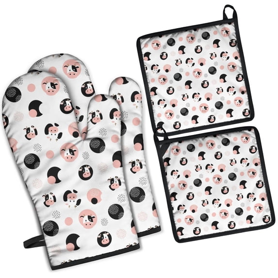 White Cow Geometric Pattern Kitchen Oven Mitt and Pot Holder Sets 4 Pcs for Baking, Cooking and Grilling, Heat Resistant Up To 392 °F