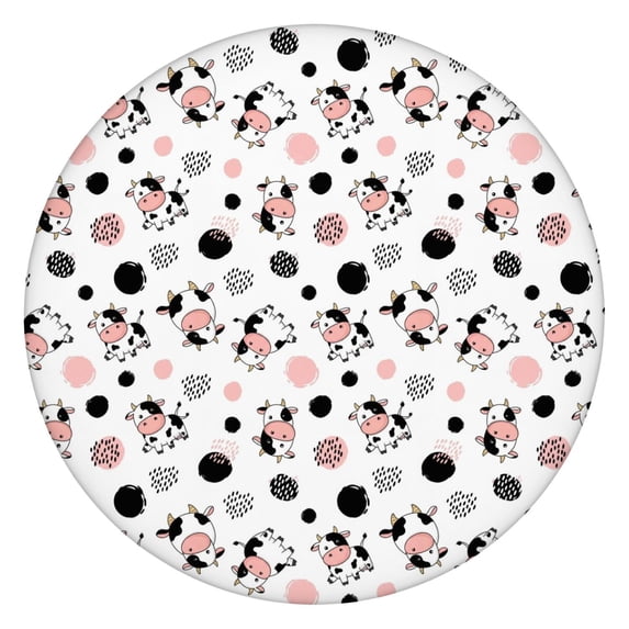 White Cow Geometric Pattern Round Fitted Tablecloth with Elastic Edge,Dining Table Cover Waterproof,Outdoor Round Tablecloth for Camping,Dining,Indoor and Outdoor