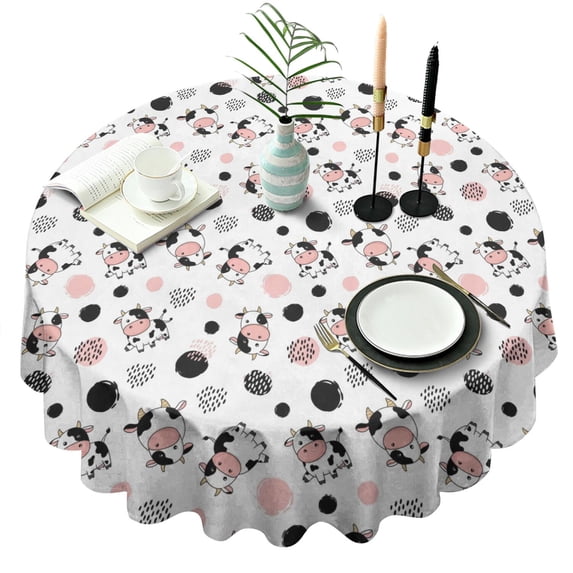 White Cow Geometric Pattern Round Tablecloth 60"x60",Wrinkle Wipeable Table Cloth for Kitchen Dining Room Picnic Patio Party
