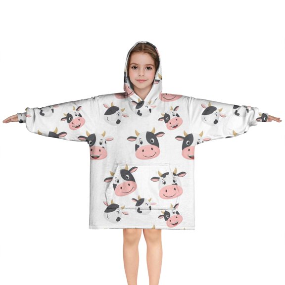 White Cow Happy Face Pattern Blanket Hoodies for Kids 6-13YR Oversize Wearable Blanket Hoodies for Boys Girls Teens