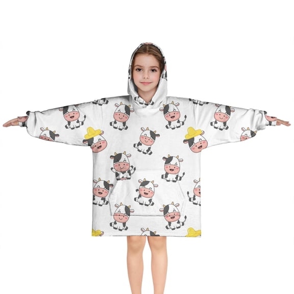White Cow Happy Pattern Blanket Hoodies for Kids 6-13YR Oversize Wearable Blanket Hoodies for Boys Girls Teens