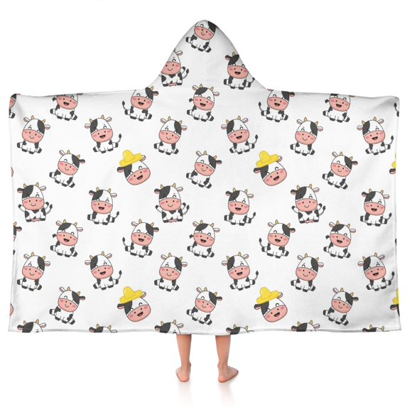 White Cow Happy Pattern Hooded Bath Towel,50"x30" for Ages 3 To 12 Kids, Quick Dry Lightweight Soft Microfiber Hood Beach Towel Cover Up for Kids