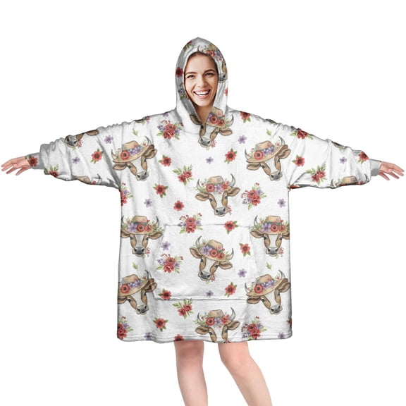 White Cow Hat Flower Pattern Wearable Oversized Blanket,Wearable Blanket Hoodie for Adults,Cozy Hooded Blankets with Super Pockets,Super Warm Fuzzy Pullover for Women & Men