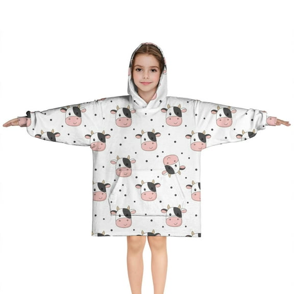 White Cow Head Dot Pattern Blanket Hoodies for Kids 6-13YR Oversize Wearable Blanket Hoodies for Boys Girls Teens