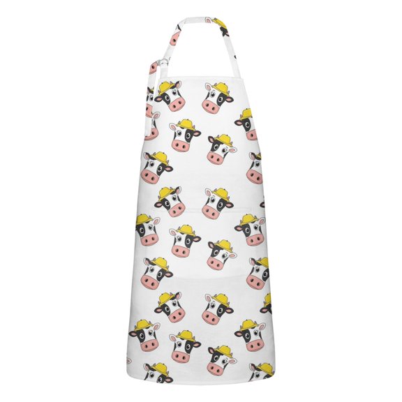 White Cow Head Hat Pattern Apron-Garden Aprons for Women with Pockets-Cotton Linen Waterproof Kitchen Cooking Gardening Aprons Adjustable for Kitchen,Cooking,BBQ and Salon 33x27 Inch