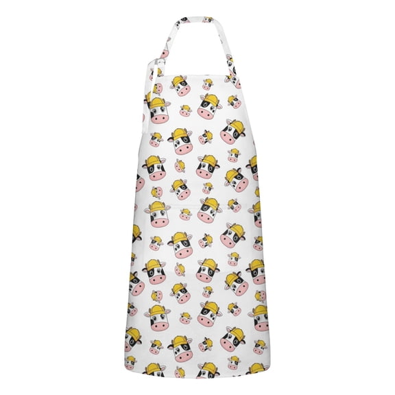White Cow Head Hat Pattern Apron-Garden Aprons for Women with Pockets-Cotton Linen Waterproof Kitchen Cooking Gardening Aprons Adjustable for Kitchen,Cooking,BBQ and Salon 33x27 Inch