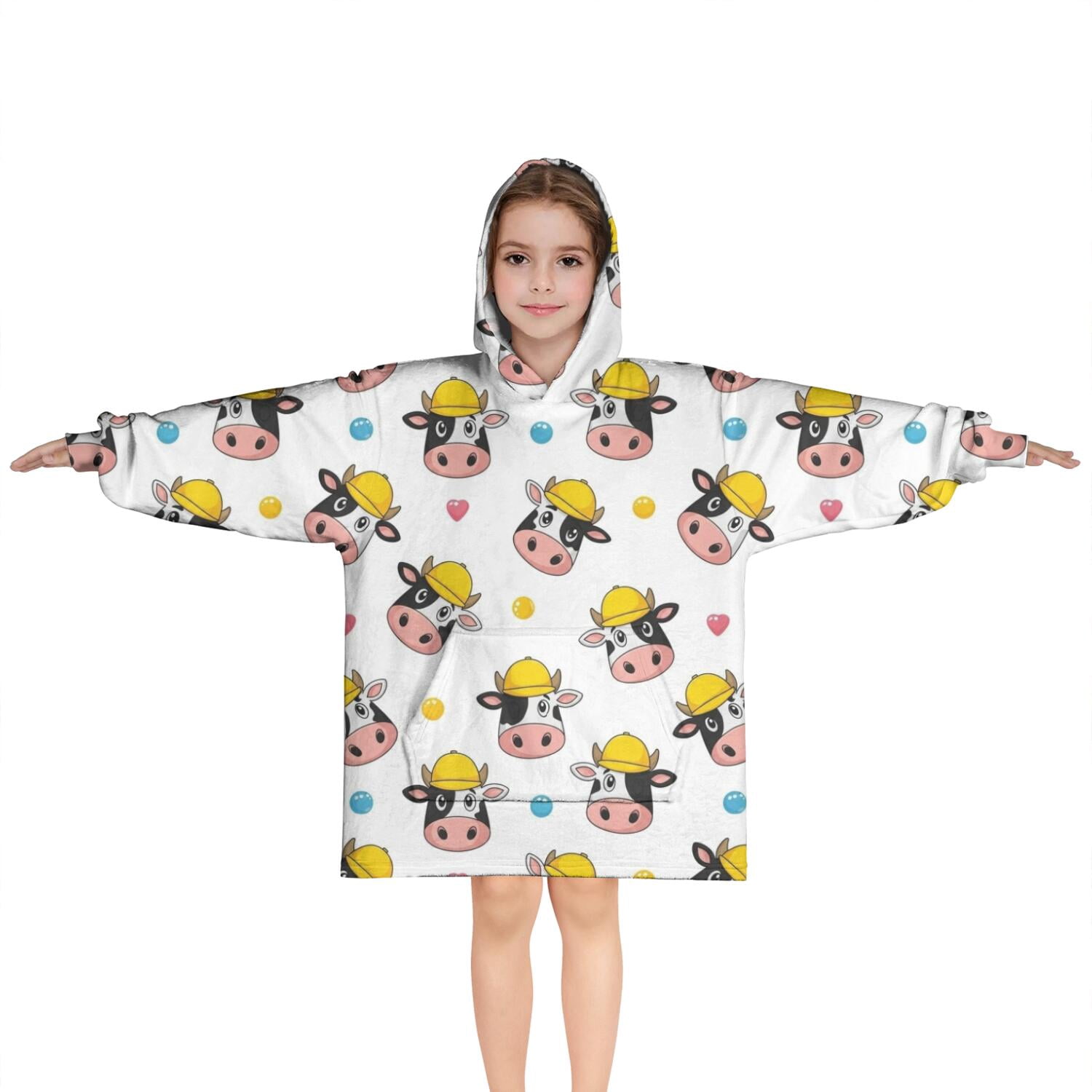 White Cow Head Hat Pattern Blanket Hoodies for Kids 6-13YR Oversize Wearable Blanket Hoodies for Boys Girls Teens