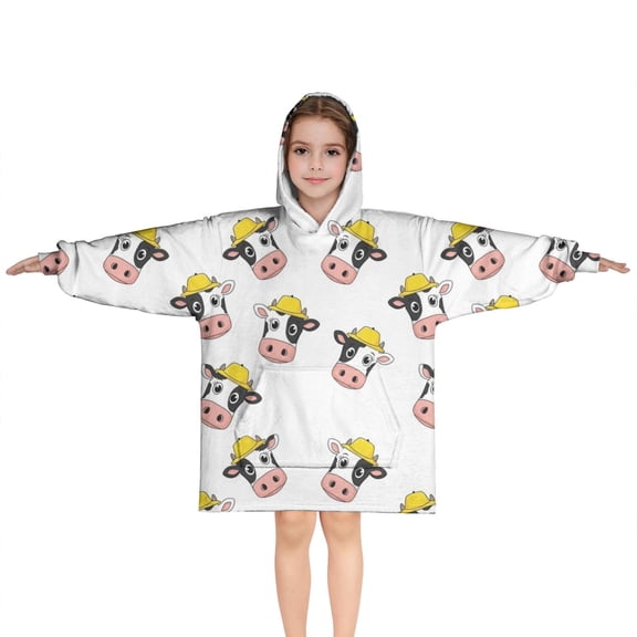 White Cow Head Hat Pattern Blanket Hoodies for Kids 6-13YR Oversize Wearable Blanket Hoodies for Boys Girls Teens