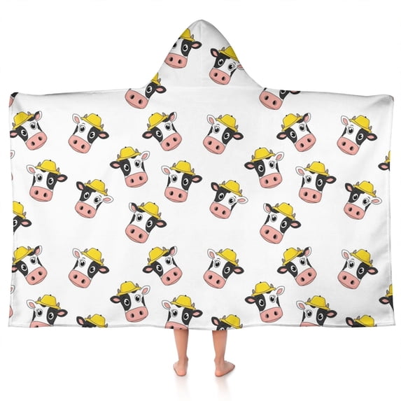 White Cow Head Hat Pattern Hooded Bath Towel,50"x30" for Ages 3 To 12 Kids, Quick Dry Lightweight Soft Microfiber Hood Beach Towel Cover Up for Kids