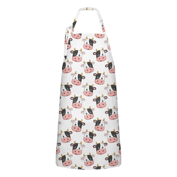 White Cow Head Pattern Apron-Garden Aprons for Women with Pockets-Cotton Linen Waterproof Kitchen Cooking Gardening Aprons Adjustable for Kitchen,Cooking,BBQ and Salon 33x27 Inch