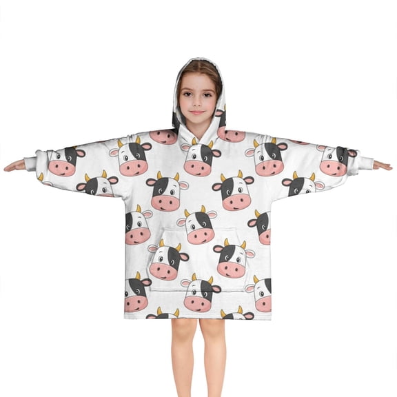 White Cow Head Pattern Blanket Hoodies for Kids 6-13YR Oversize Wearable Blanket Hoodies for Boys Girls Teens