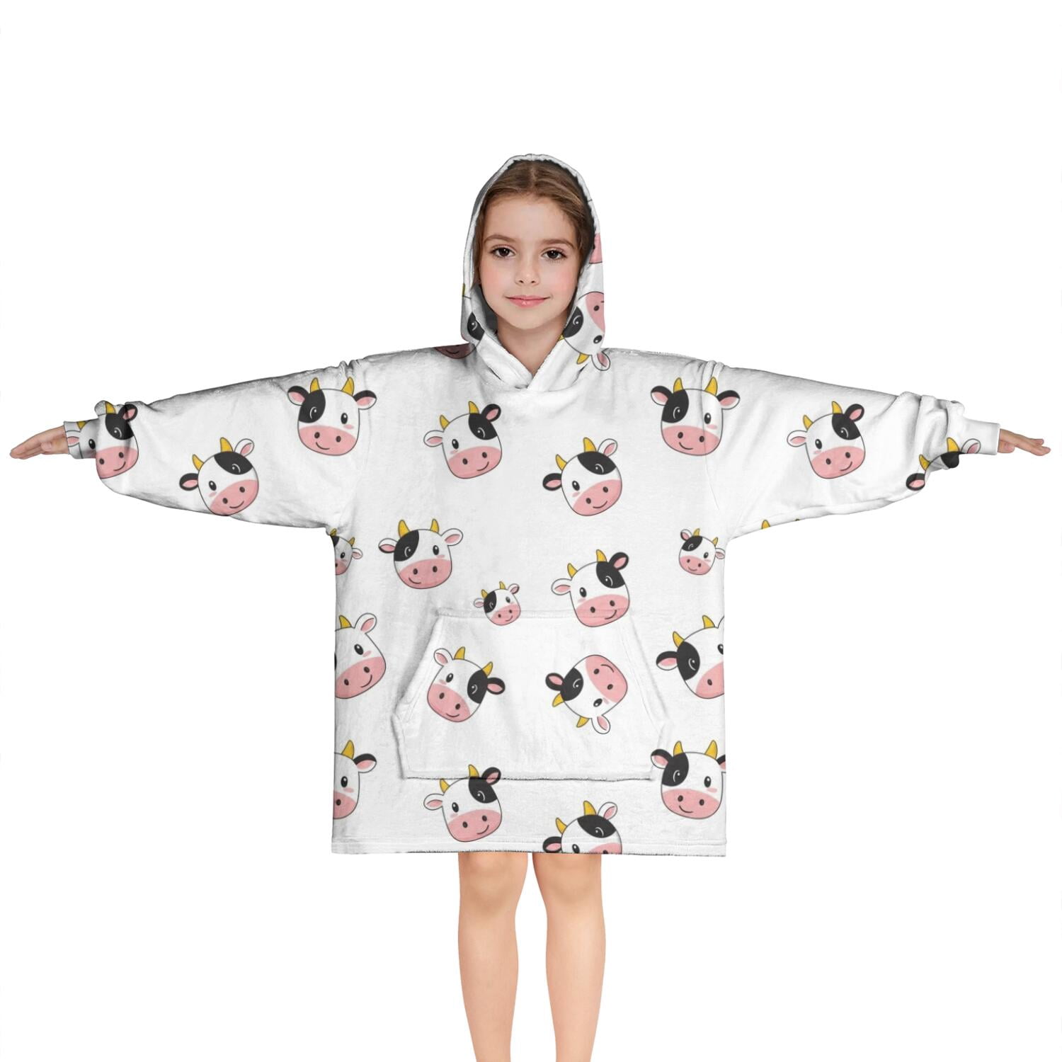 White Cow Head Pattern Blanket Hoodies for Kids 6-13YR Oversize Wearable Blanket Hoodies for Boys Girls Teens