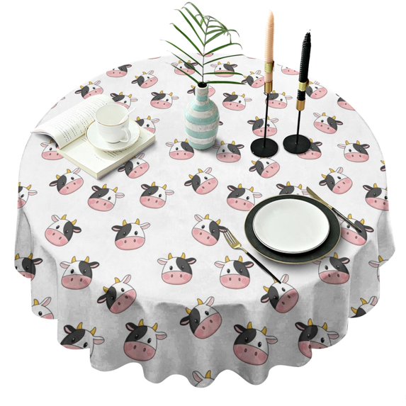 White Cow Head Pattern Round Tablecloth 60"x60",Wrinkle Wipeable Table Cloth for Kitchen Dining Room Picnic Patio Party