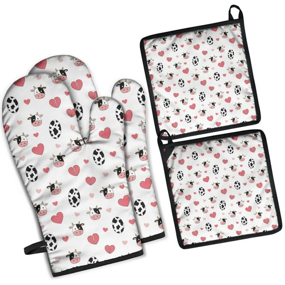 White Cow Heart Egg Pattern Kitchen Oven Mitt and Pot Holder Sets 4 Pcs for Baking, Cooking and Grilling, Heat Resistant Up To 392 °F