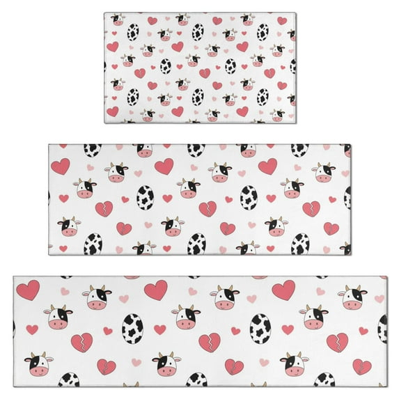 White Cow Heart Egg Pattern Kitchen Rugs Sets Of 3,Kitchen Runner Rugs Non Skid Washable,Decorative Kitchen Floor Mats for Kitchen,Sink,Laundry,17"x30"+ 17"x47" + 17"x59"