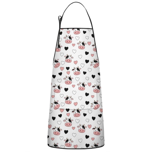 White Cow Heart Pattern Apron-Garden Aprons for Women with Pockets-Cotton Linen Waterproof Kitchen Cooking Gardening Aprons Adjustable for Kitchen,Cooking,BBQ and Salon 33x27 Inch