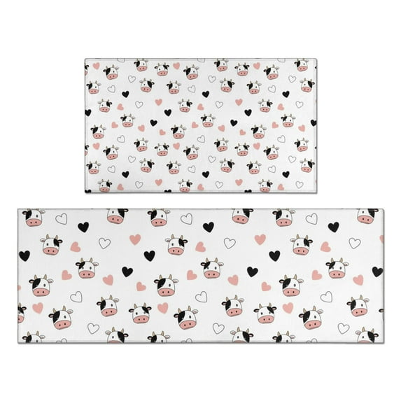 White Cow Heart Pattern Kitchen Rugs Sets Of 2,Anti Fatigue Kitchen Mat Rugs Non Slip Washable,Decorative Kitchen Floor Mats for Kitchen,Sink,Laundry,17"x30"+17"x47"