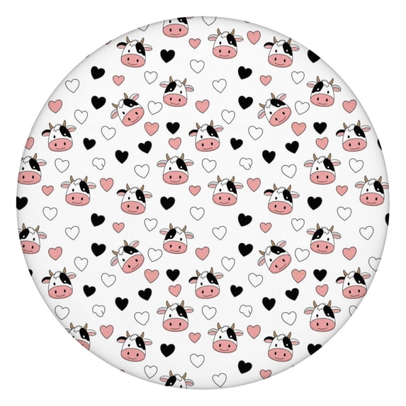 White Cow Heart Pattern Round Fitted Tablecloth with Elastic Edge,Dining Table Cover Waterproof,Outdoor Round Tablecloth for Camping,Dining,Indoor and Outdoor