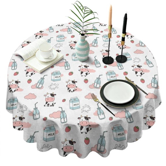 White Cow Milk Cloud Pattern Round Tablecloth 60"x60",Wrinkle Wipeable Table Cloth for Kitchen Dining Room Picnic Patio Party