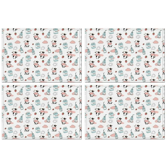White Cow Milk Cloud Pattern Summer Placemats Table Placemats Set Of 4-Linen Kitchen Washable Placemats Table Mats 11.8"x17.7" Non-Slip Heat Resistant