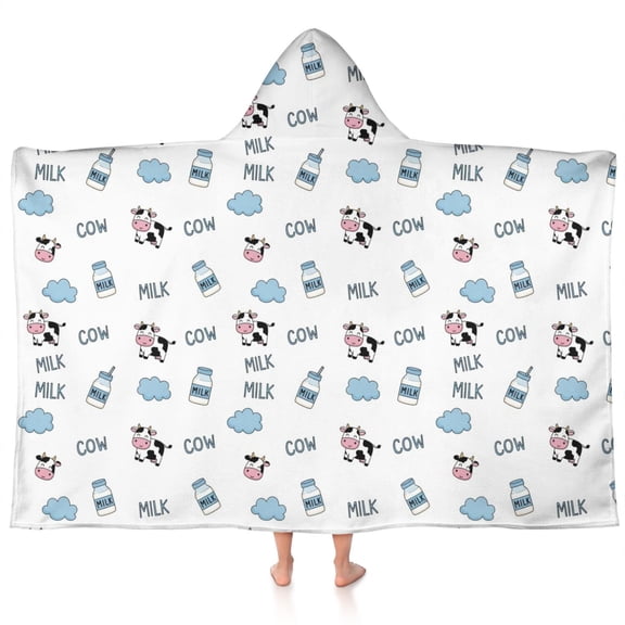 White Cow Milk Jar Cloud Pattern Hooded Bath Towel,60"x35" for Ages 3 To 12 Kids, Quick Dry Lightweight Soft Microfiber Hood Beach Towel Cover Up for Kids