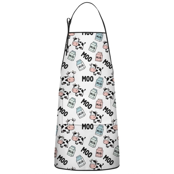 White Cow Milk Moo Pattern Apron-Garden Aprons for Women with Pockets-Cotton Linen Waterproof Kitchen Cooking Gardening Aprons Adjustable for Kitchen,Cooking,BBQ and Salon 33x27 Inch