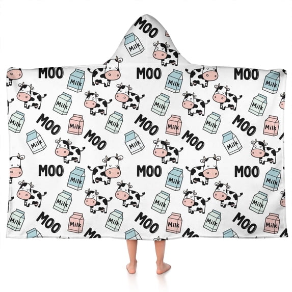 White Cow Milk Moo Pattern Hooded Bath Towel,50"x30" for Ages 3 To 12 Kids, Quick Dry Lightweight Soft Microfiber Hood Beach Towel Cover Up for Kids