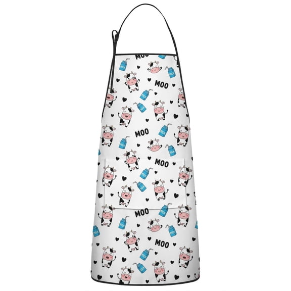 White Cow Milk Pattern Apron-Garden Aprons for Women with Pockets-Cotton Linen Waterproof Kitchen Cooking Gardening Aprons Adjustable for Kitchen,Cooking,BBQ and Salon 33x27 Inch