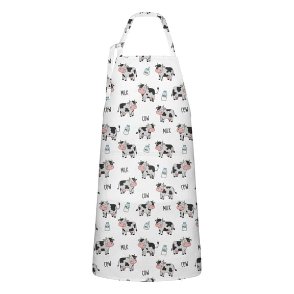 White Cow Milk Pattern Apron-Garden Aprons for Women with Pockets-Cotton Linen Waterproof Kitchen Cooking Gardening Aprons Adjustable for Kitchen,Cooking,BBQ and Salon 33x27 Inch