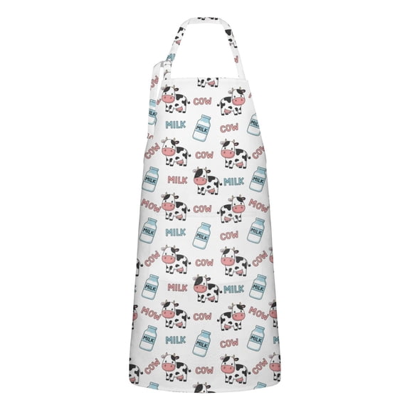 White Cow Milk Pattern Apron-Garden Aprons for Women with Pockets-Cotton Linen Waterproof Kitchen Cooking Gardening Aprons Adjustable for Kitchen,Cooking,BBQ and Salon 33x27 Inch
