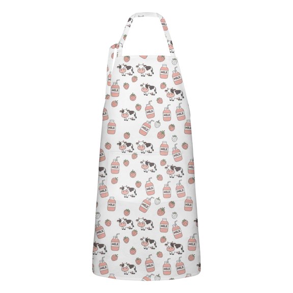 White Cow Milk Strawberry Pattern Apron-Garden Aprons for Women with Pockets-Cotton Linen Waterproof Kitchen Cooking Gardening Aprons Adjustable for Kitchen,Cooking,BBQ and Salon 33x27 Inch