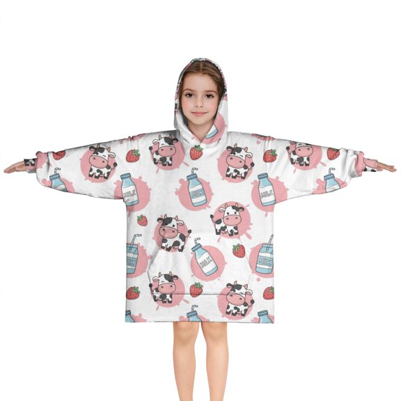 White Cow Milk Strawberry Pattern Blanket Hoodies for Kids 6-13YR Oversize Wearable Blanket Hoodies for Boys Girls Teens