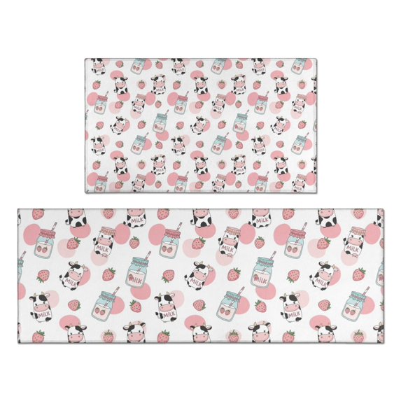 White Cow Milk Strawberry Pattern Kitchen Rugs Sets Of 2,Anti Fatigue Kitchen Mat Rugs Non Slip Washable,Decorative Kitchen Floor Mats for Kitchen,Sink,Laundry,17"x30"+17"x47"