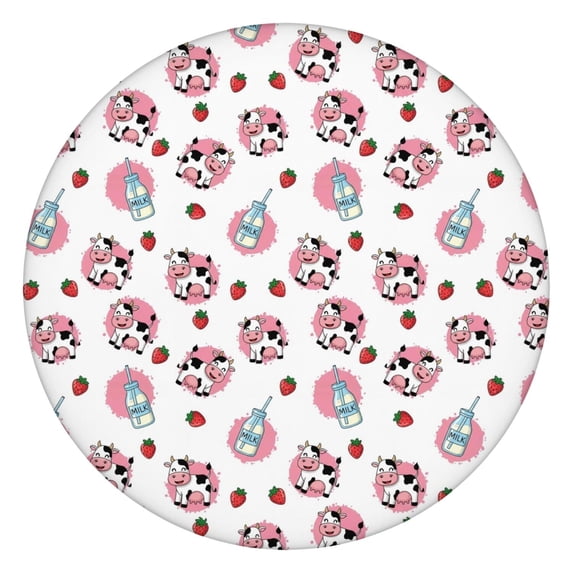 White Cow Milk Strawberry Pattern Round Fitted Tablecloth with Elastic Edge,Dining Table Cover Waterproof,Outdoor Round Tablecloth for Camping,Dining,Indoor and Outdoor