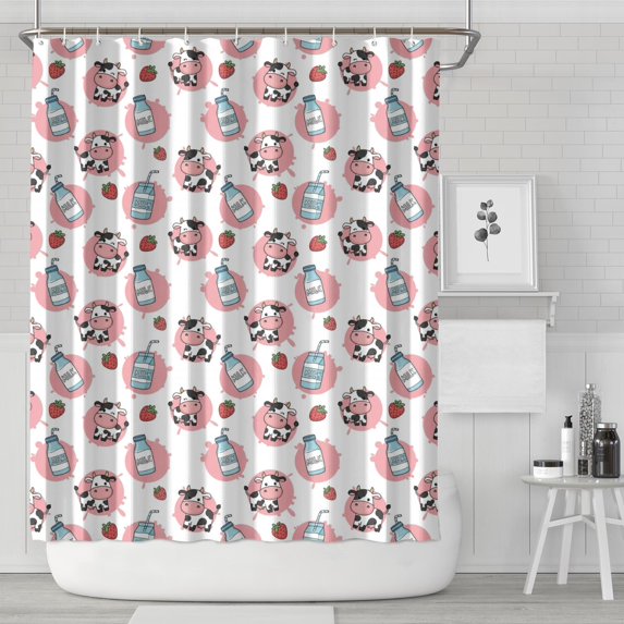 White Cow Milk Strawberry Pattern Shower Curtain 72"x84" ,Bathroom Decorative Shower Curtains Set with 12 Hooks,Modern Waterproof Washable Shower Curtain