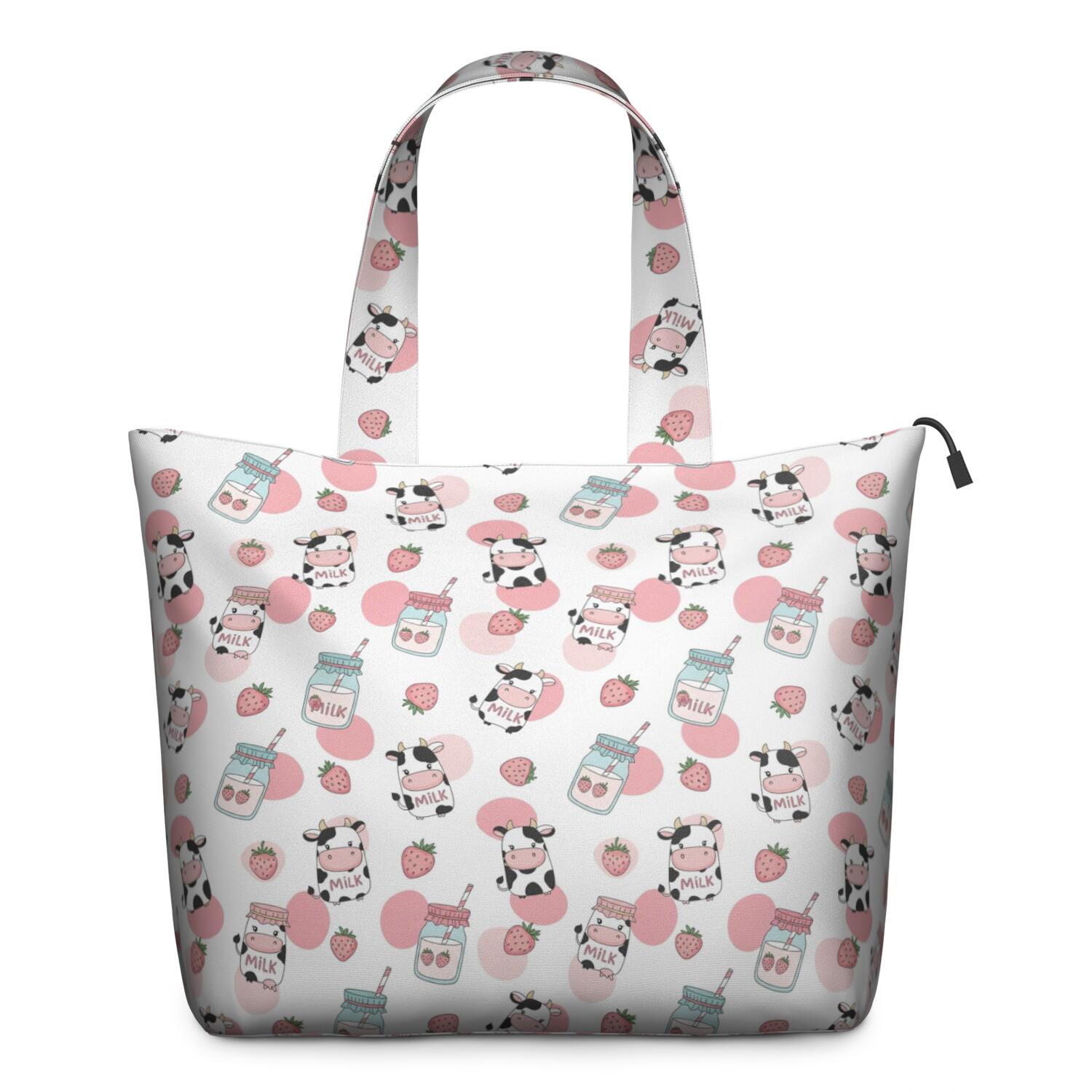 White Cow Milk Strawberry Pattern Travel Tote Bags for Women Carry On,Large Weekender Bags for Women Travel,Multi Functional Duffle Bag for Work,Shopping,Sports
