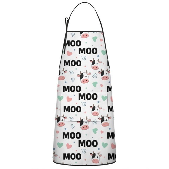 White Cow Moo Heart Pattern Apron-Garden Aprons for Women with Pockets-Cotton Linen Waterproof Kitchen Cooking Gardening Aprons Adjustable for Kitchen,Cooking,BBQ and Salon 33x27 Inch