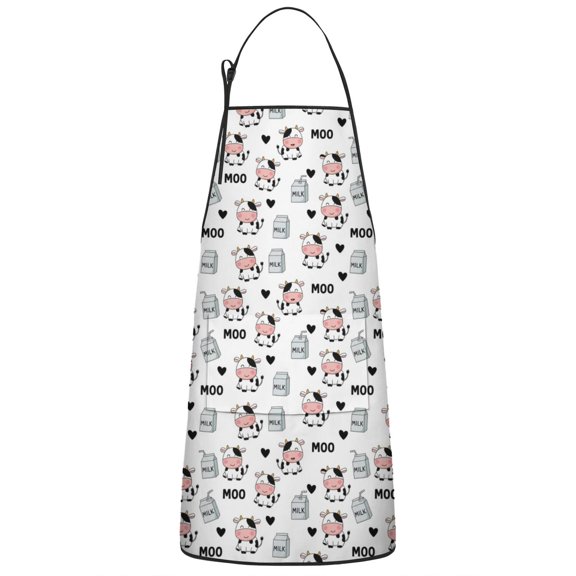White Cow Moo Milk Pattern Apron-Garden Aprons for Women with Pockets-Cotton Linen Waterproof Kitchen Cooking Gardening Aprons Adjustable for Kitchen,Cooking,BBQ and Salon 33x27 Inch